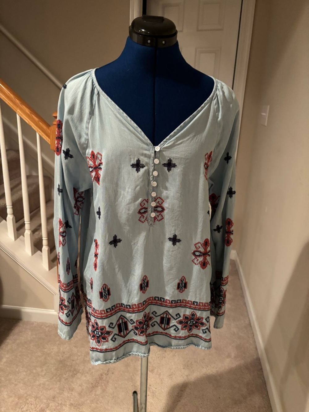 Tractr Light Blue Embroidered V-Neck Tunic